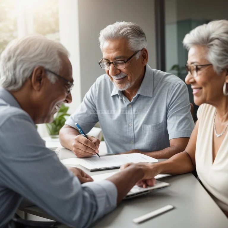 Senior couple reviewing insurance options with advisor